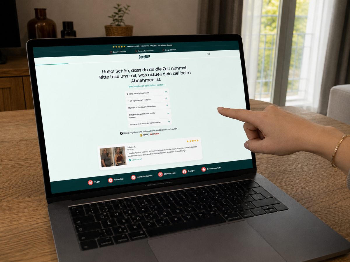 So sieht the Stoffwechsel-Test auf der CoreGLP-Herstellerseite aus: acht kurze Fragen am Bildschirm