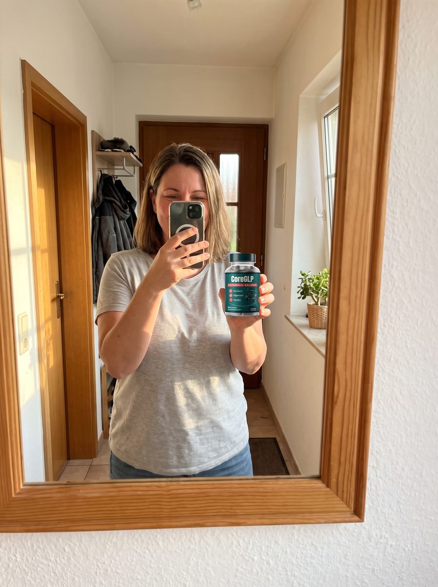 Woche 0: Melanie dokumentiert den Teststart mit der CoreGLP-Dose im Spiegel — im grauen T-Shirt Größe 44